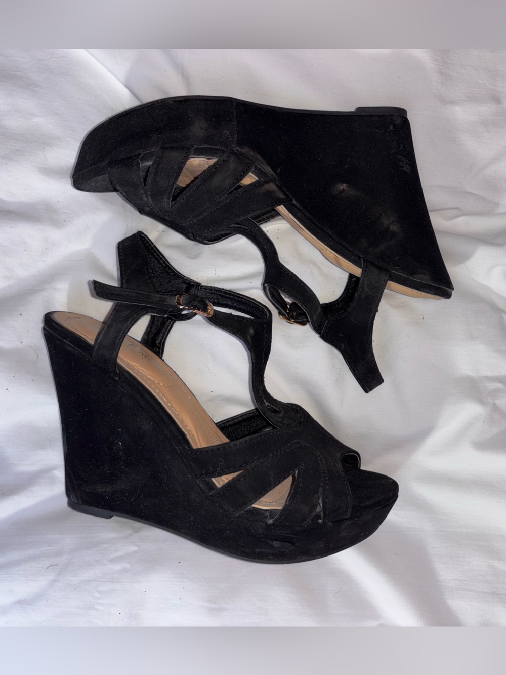 Top Moda Black Suede Wedge Sandals Size 7.5